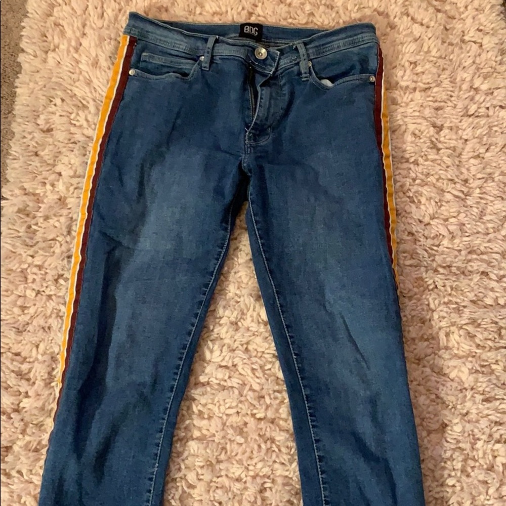BDG jeans with maroon/orange/white stripe